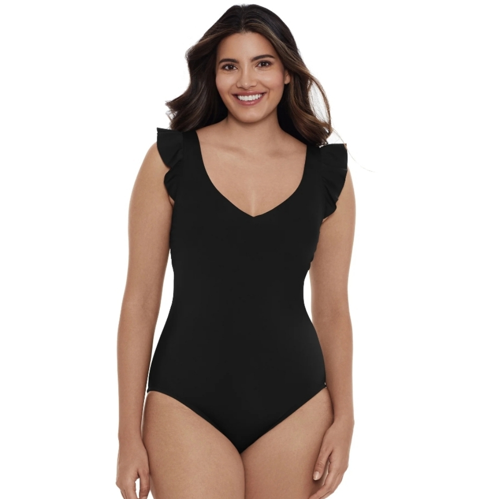 TIME and TRU Black Ruffle Sleeve Swimsuit One Piece Bathing SUIT MED 8-10